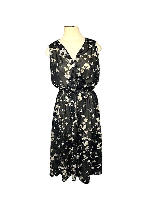 Vintage Dresses & Skirts - Vintage 70s Black Floral Sheer Midi Dress Sz10 (S-M) Belted Sleeveless Retro